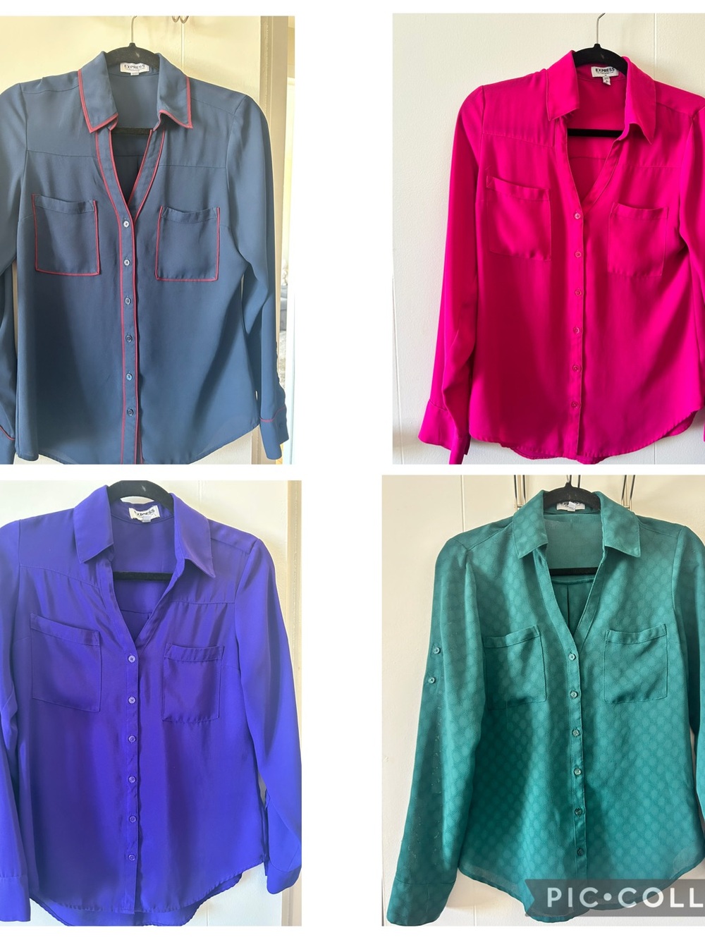 4PCs-Express Women’s Button-Down Blouse Set-Navy, Fuchsia, Purple, Teal
Size:S/P